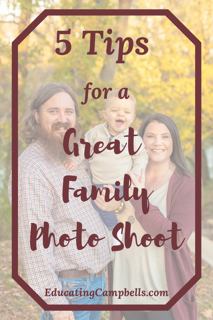 Pinterest Image for 5 tips for a great family photo shoot - mom, dad, and laughing baby