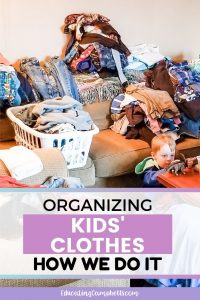 organizing kids' clothes, image of clothes piles on couch
